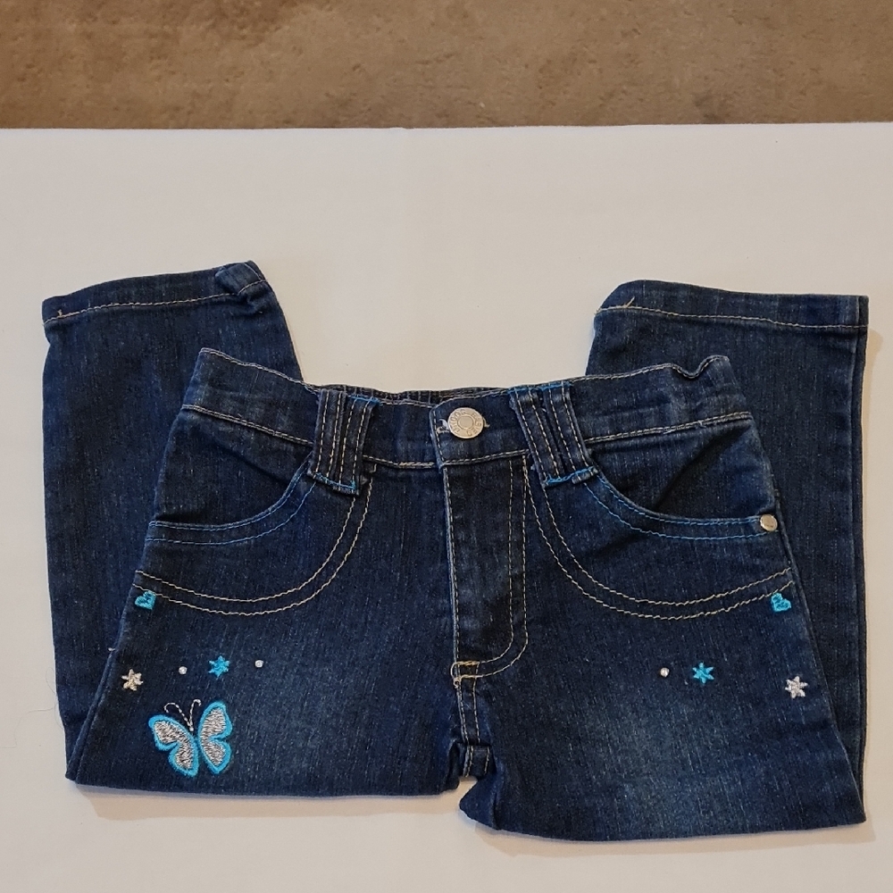 Blue Denim Kids Bottoms with Butterfly Embroidery